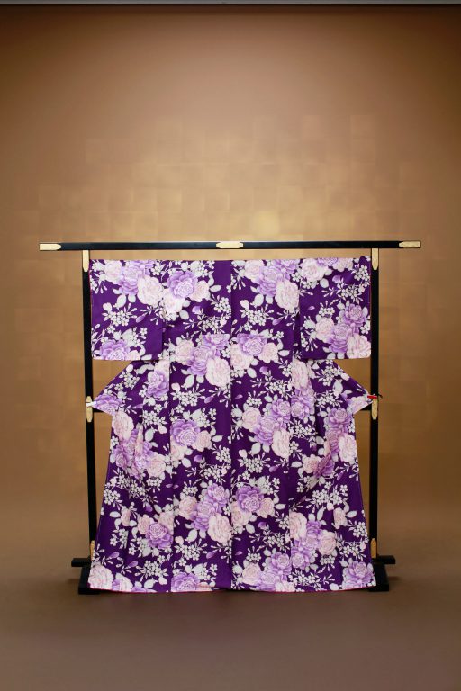 紫　ピング花柄　レンタル着物